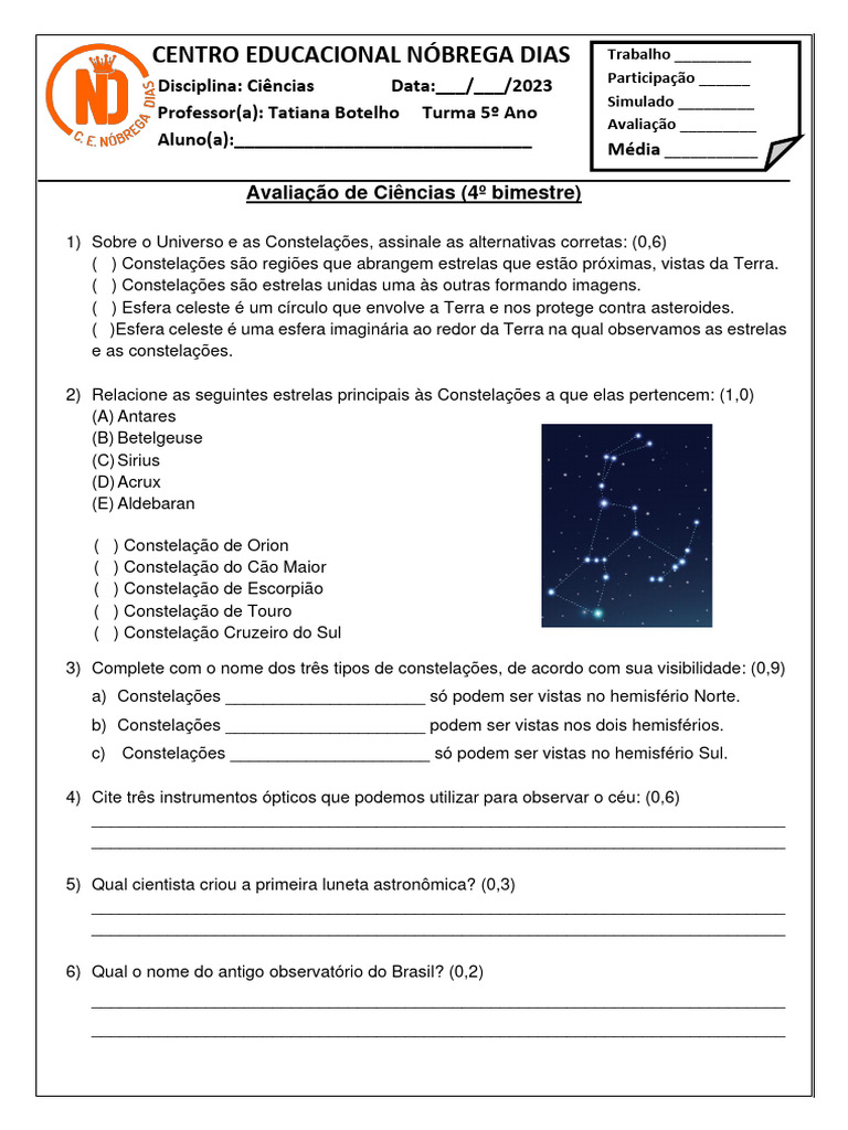 Atividades sobre Constelações - 5º Ano | PDF | Constelação | Estrelas