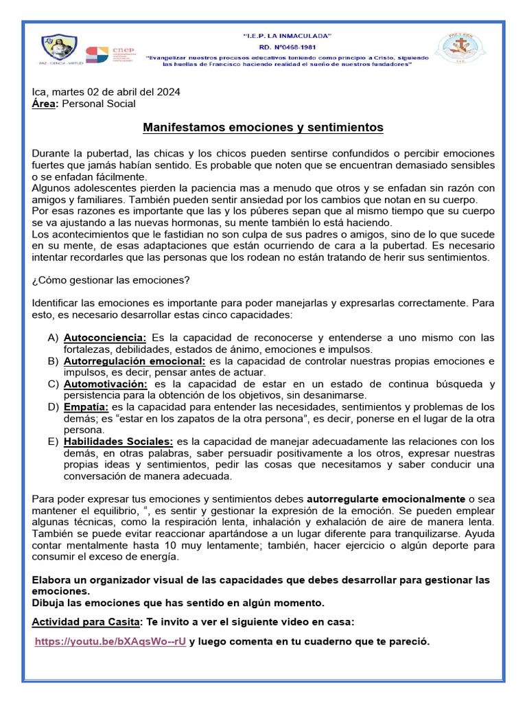 Manifestamos Emociones y Sentimientos | PDF | Las emociones ...