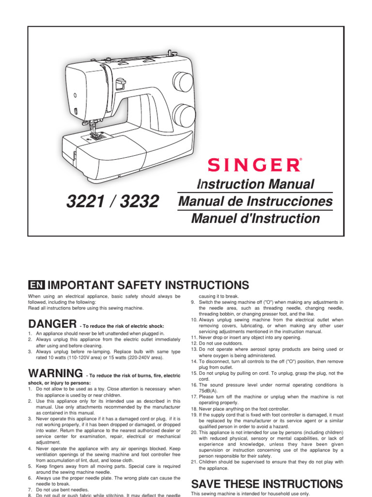 Singer 3221/3232 Sewing Machine Instruction Manual PDF Sewing