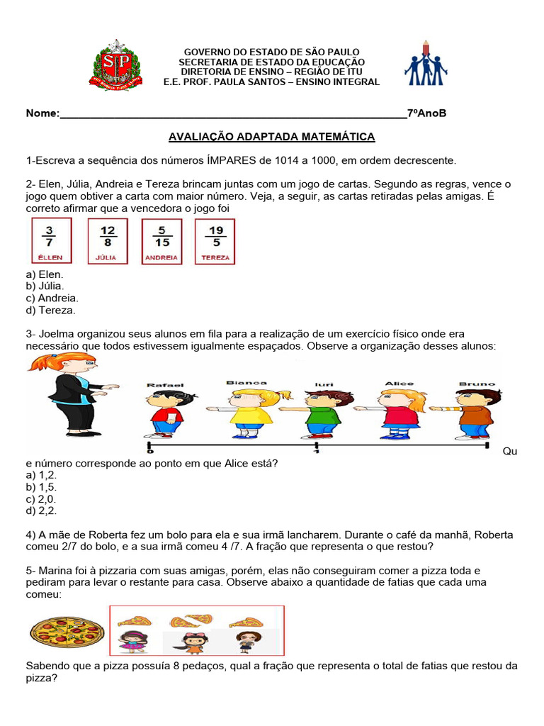 Avaliação de Matematica Adapatada 7 Ano B | PDF