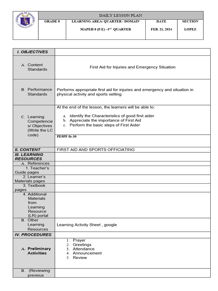 Lesson plan art 9 pdf learning first aid