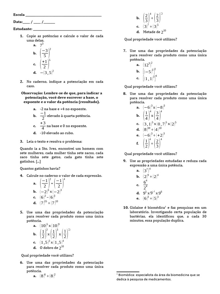 02 Lista de Exercícios - Potenciação 1 | PDF | Exponenciação