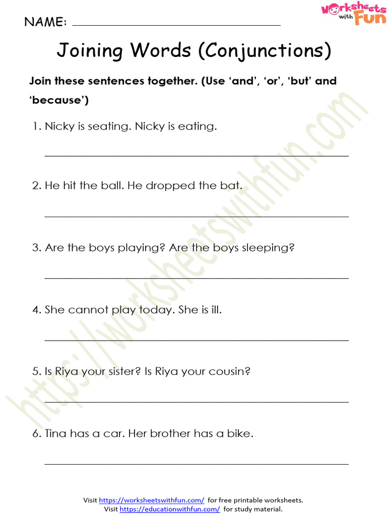 Joining Words (Conjunctions) Worksheet 2 PDF