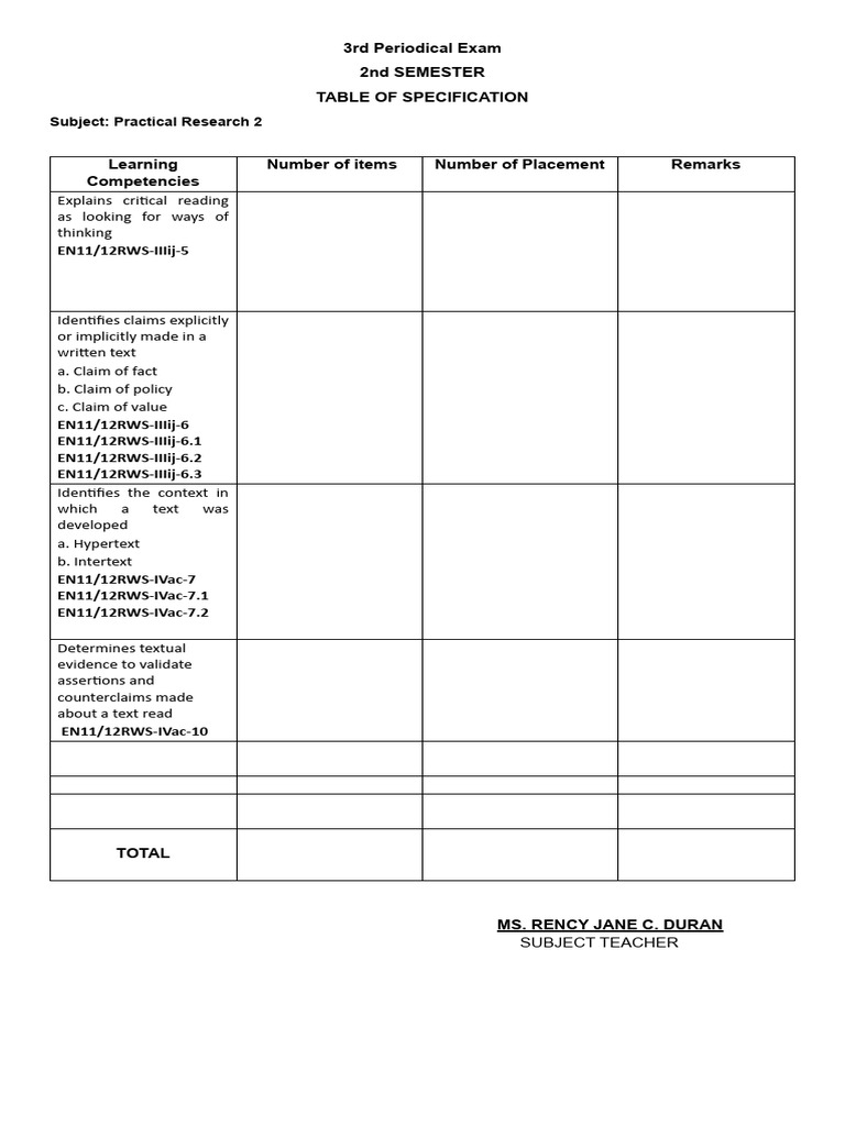 Reading and Writing 3rd Quarter Examination Copy PDF Critical