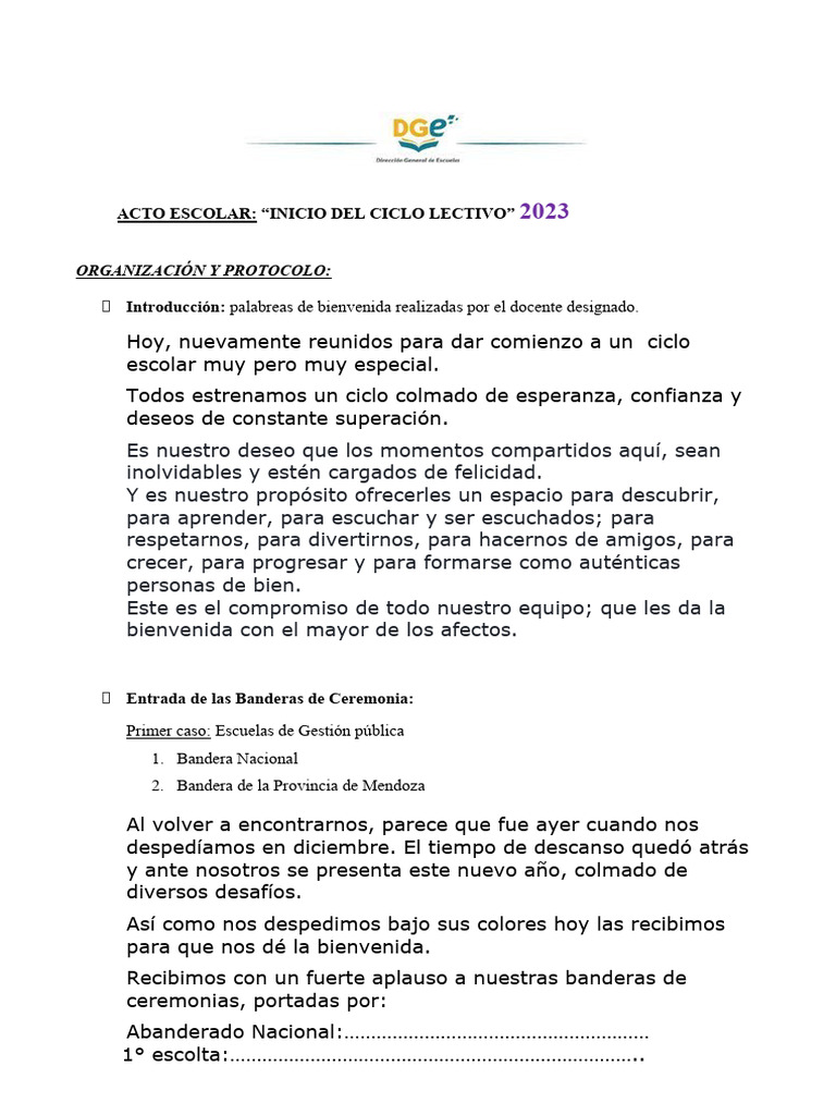 Acto Escolar: Inicio Ciclo Lectivo 2023 | PDF | Estudios de idiomas ...