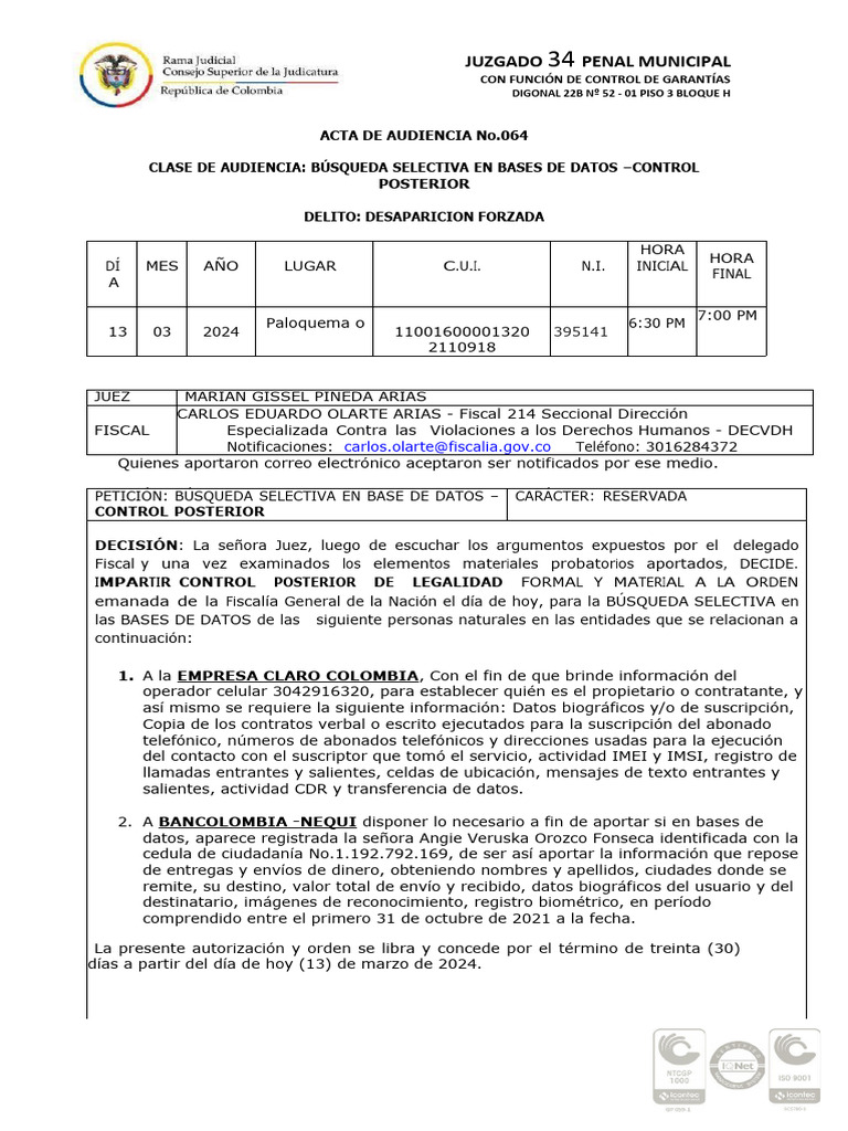 Acta de Audiencia: Búsqueda Selectiva | PDF | Justicia | Crimen y violencia
