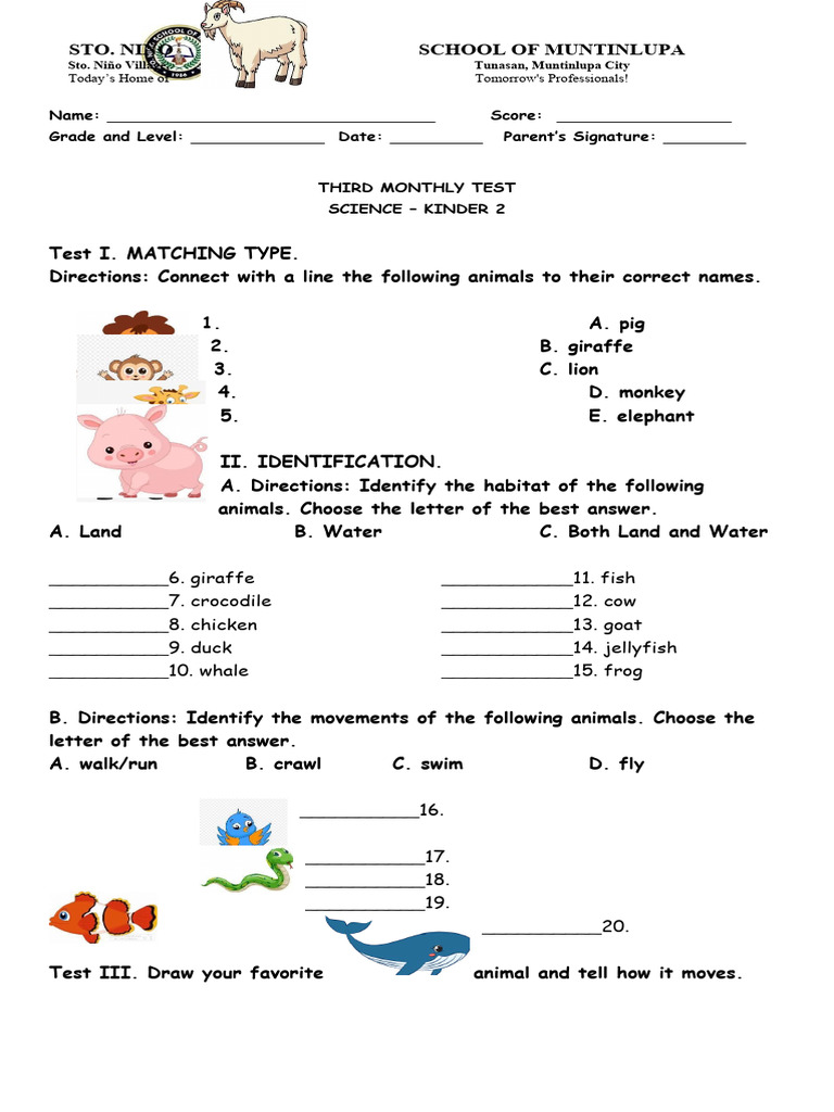 Kinder 2 Science Monthly Test | PDF