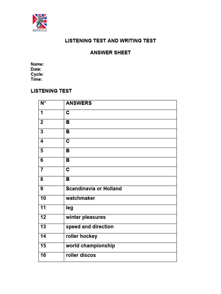 Listening Test and Writing Test - Answer Sheet | PDF