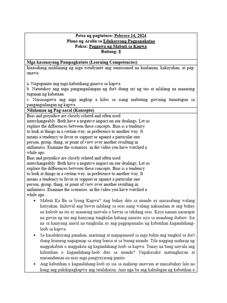 CHECKED Lesson Plan Paggawa NG Mabuti Sa Kapwa | PDF