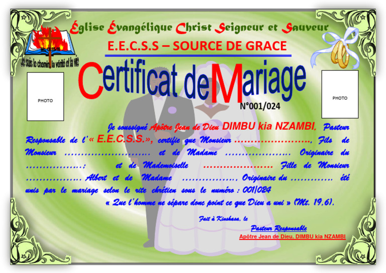 Certificat de mariage religieux chrétien | PDF