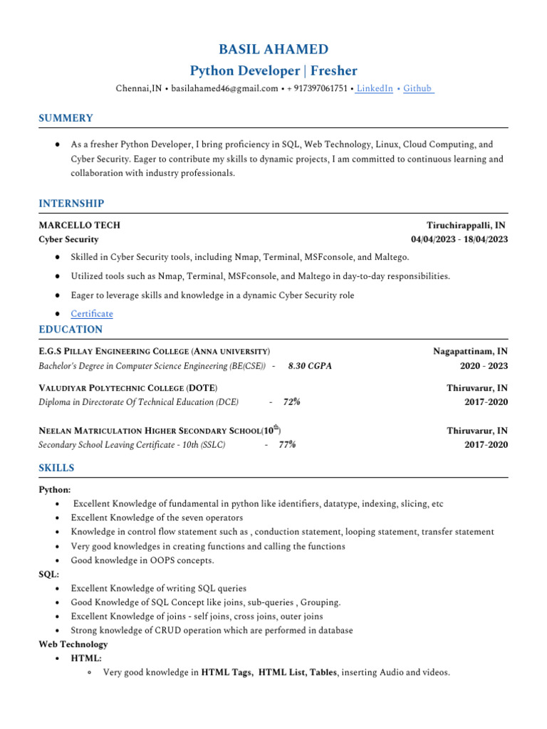 Python Developer Resume - Fresher in Chennai | PDF | World Wide Web ...