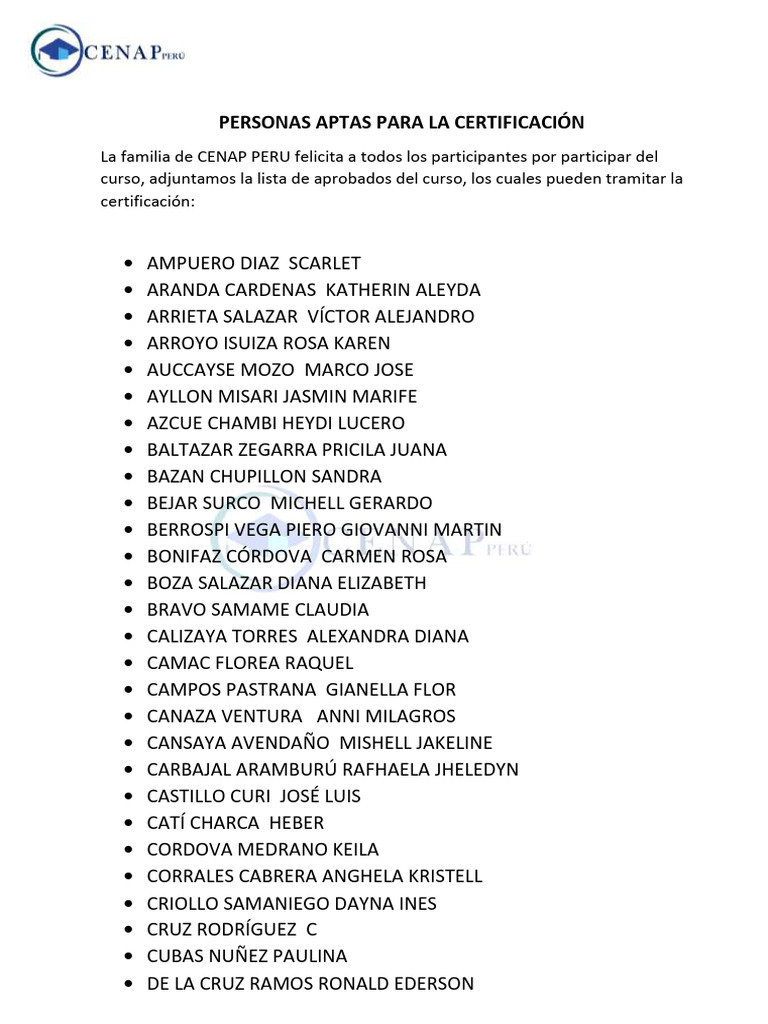 Certificación CENAP PERÚ 2023 | PDF