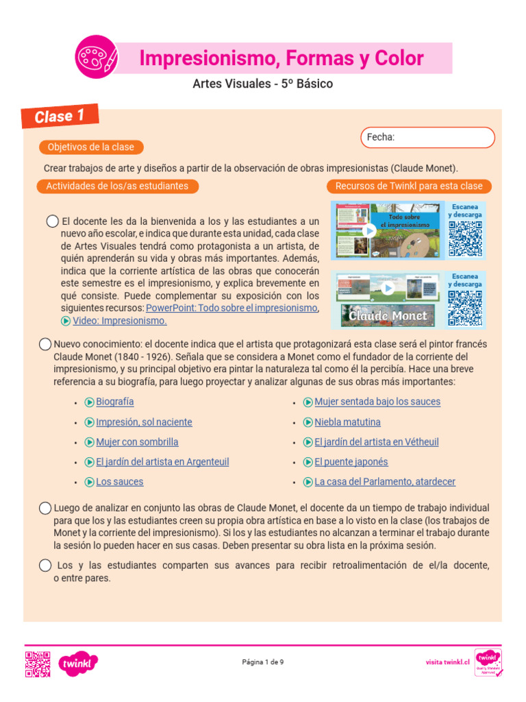 PLANIFICACION UNIDAD 1 - ARTES 5 - Impresionismo, Formas y Color | PDF ...
