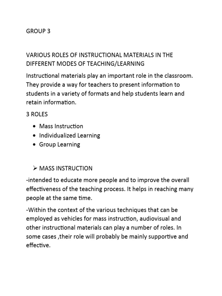 Roles of Instructional Materials in Teaching | PDF | Learning | Teachers