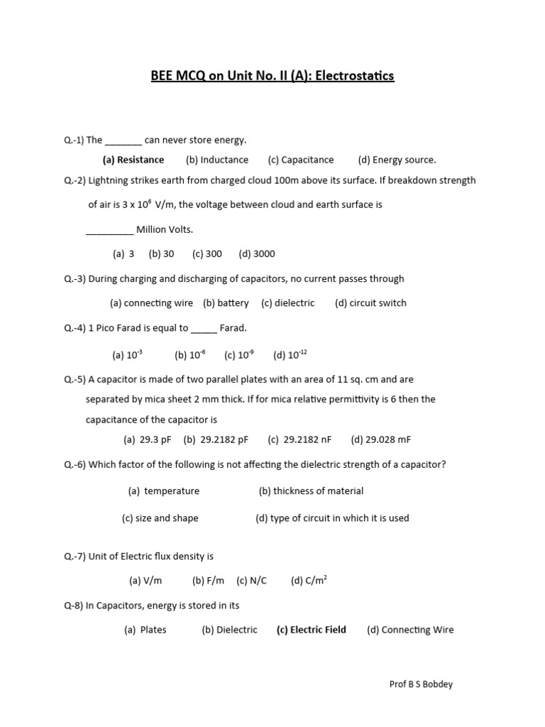 BEE MCQ Unit II | PDF | Capacitor | Capacitance