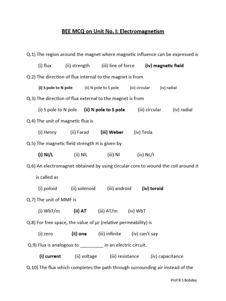 BEE MCQ Unit I PDF Inductance Inductor