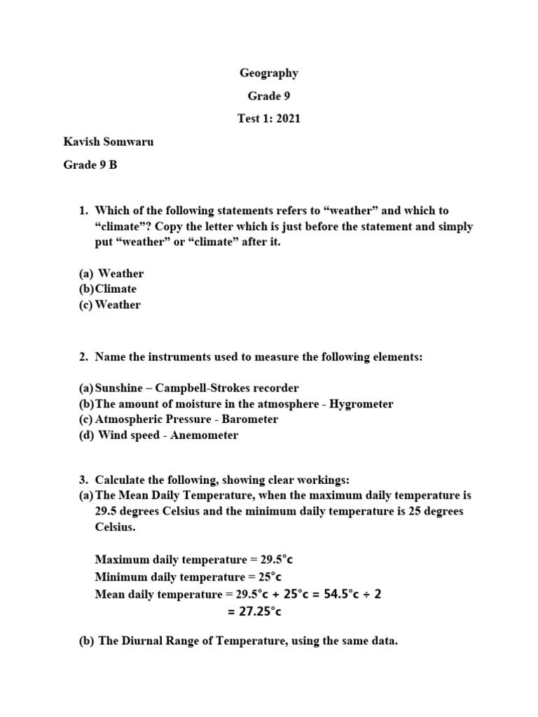 Grade 9 Geography Weather & Climate Test | PDF