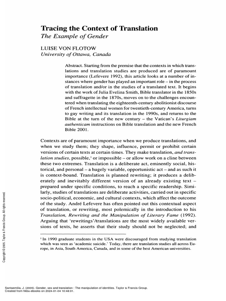 Gender, Sex and Translation The Manipulation of Id... - (Tracing The ...