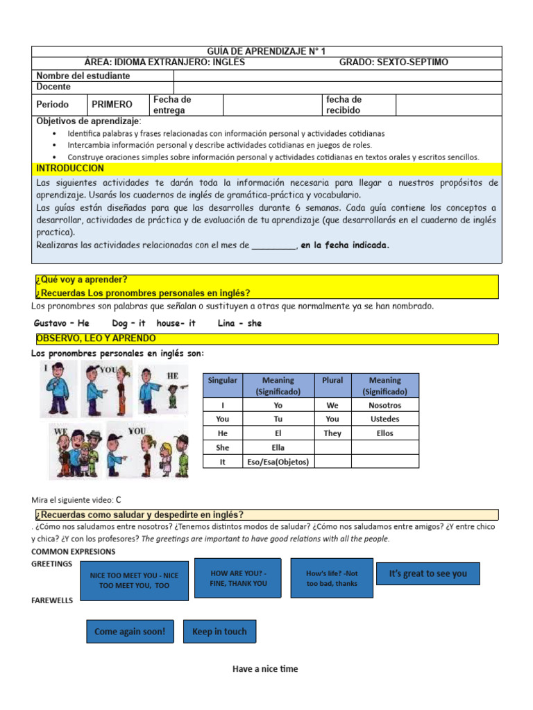 Guía 1 Ingles 6° Periodo 1 2021 | PDF