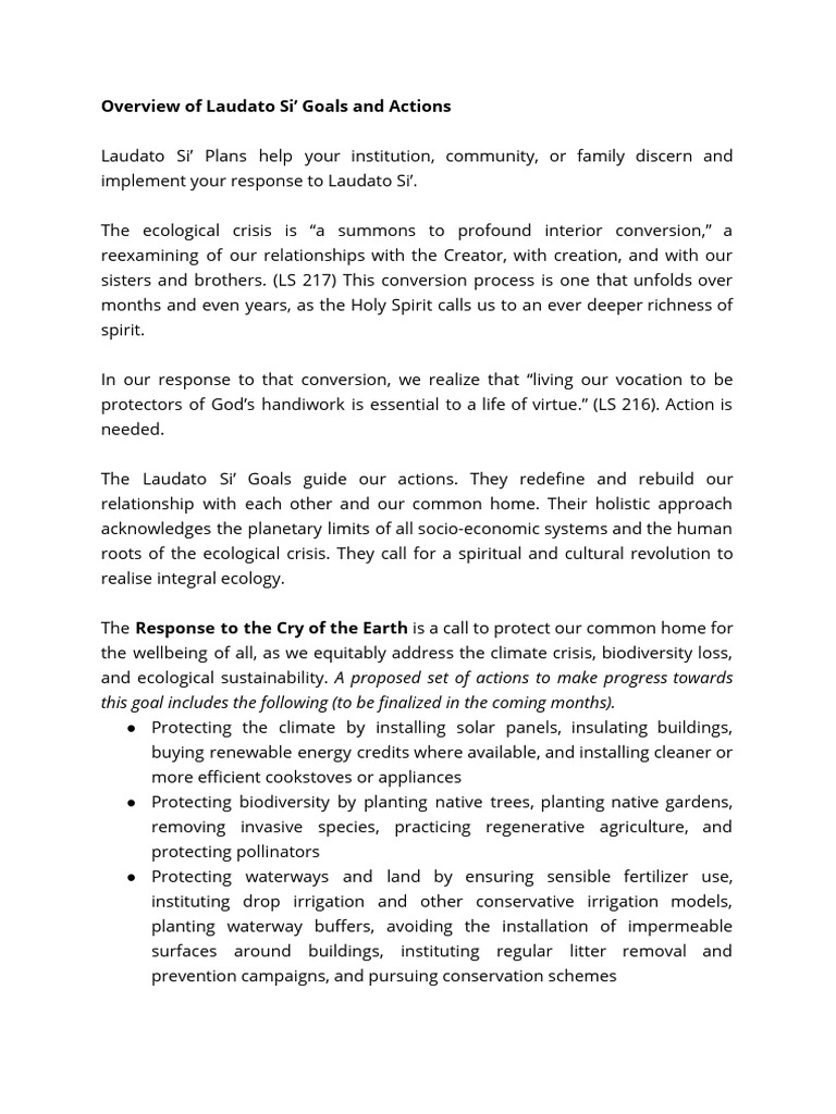 Overview Of Laudato Si Goals And Actions Pdf Sustainability Prayer