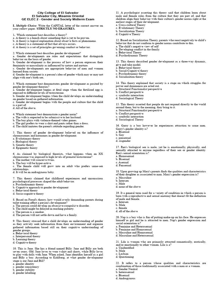 Gender and Society Midterm Exam Guide | PDF | Gender Studies | Gender