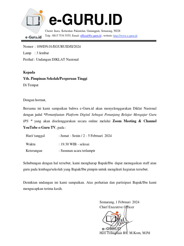 Surat Undangan Diklat IPS Februari 2024 | PDF
