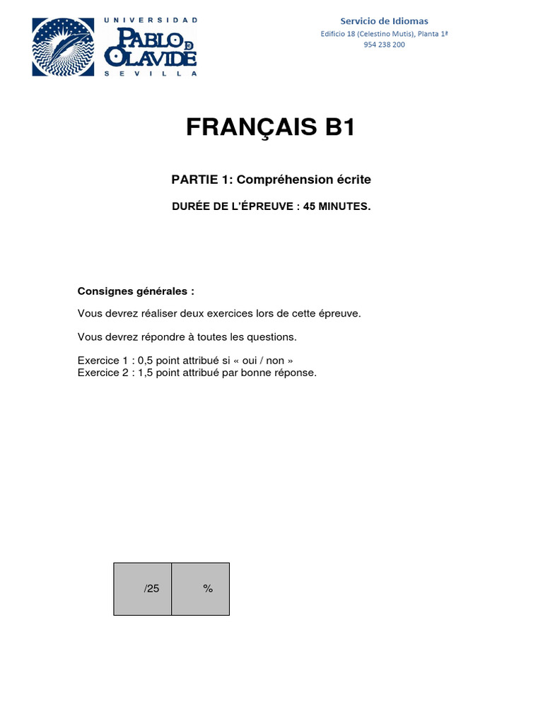 Épreuve de Français B1 : Compréhension écrite | PDF