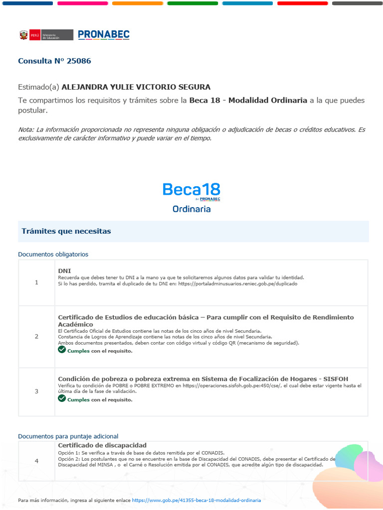 Requisitos Beca 18 Modalidad Ordinaria | PDF | Documento de identidad