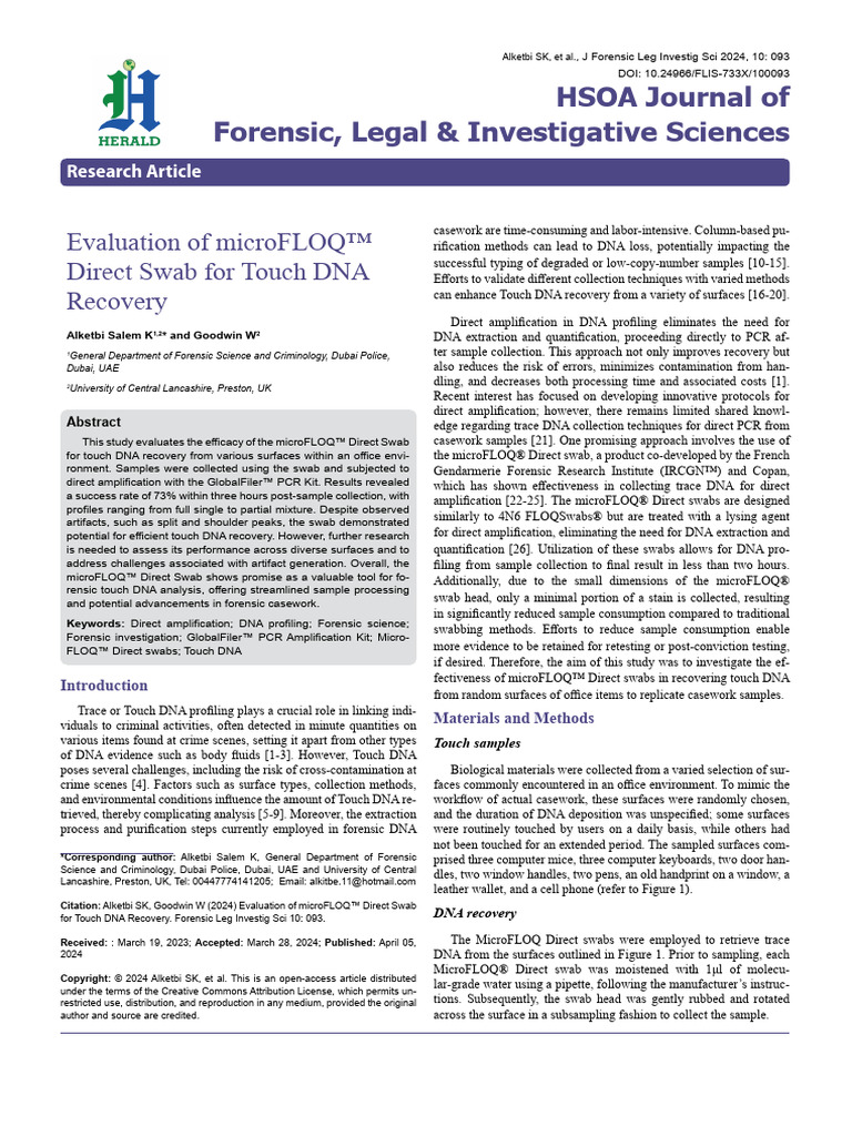 Evaluation of Microfloq Direct Swab For Touch Dna Recovery | PDF ...
