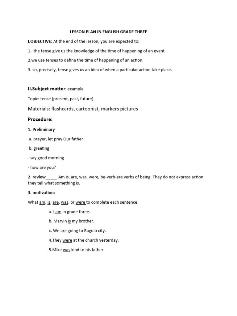 Grade 3 Lesson Plan on Tenses | PDF | Grammatical Tense | Verb