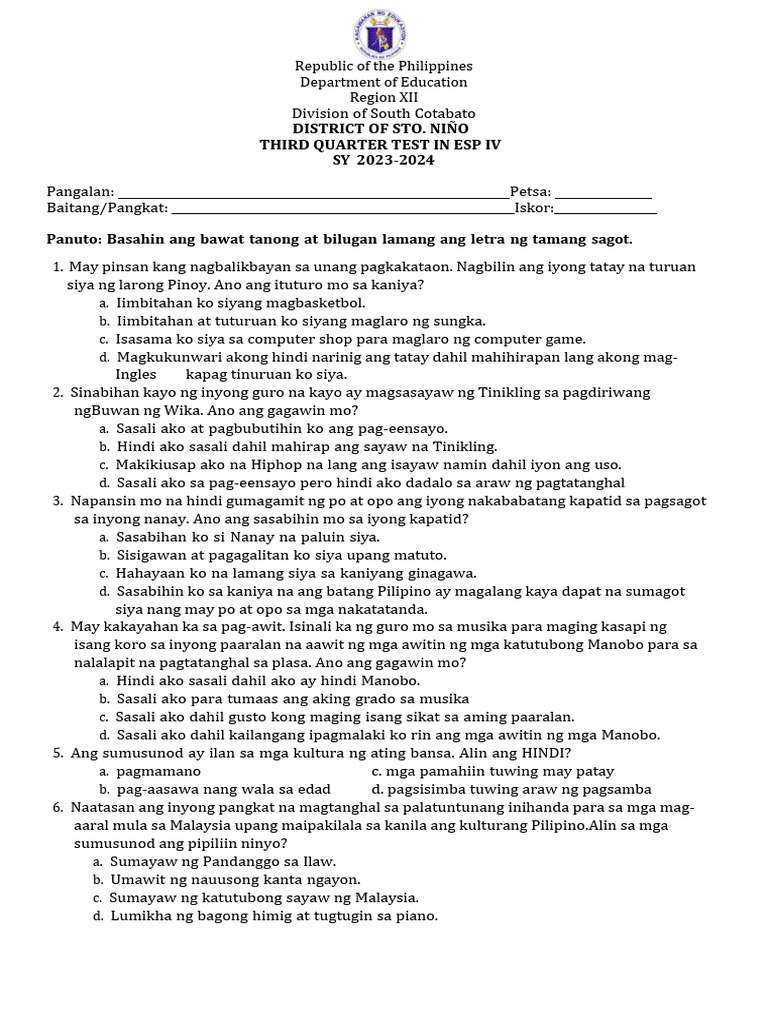 Esp 4 Q3 Test | PDF