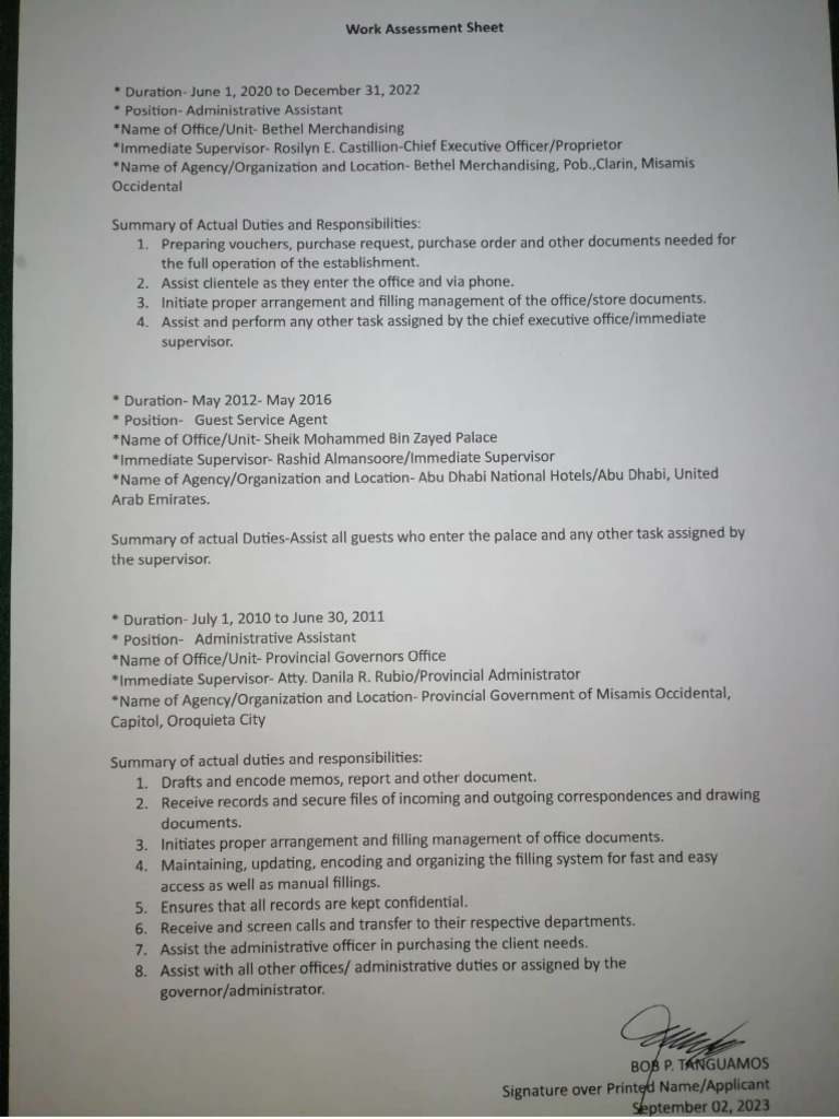 Work Experience Sheet | PDF
