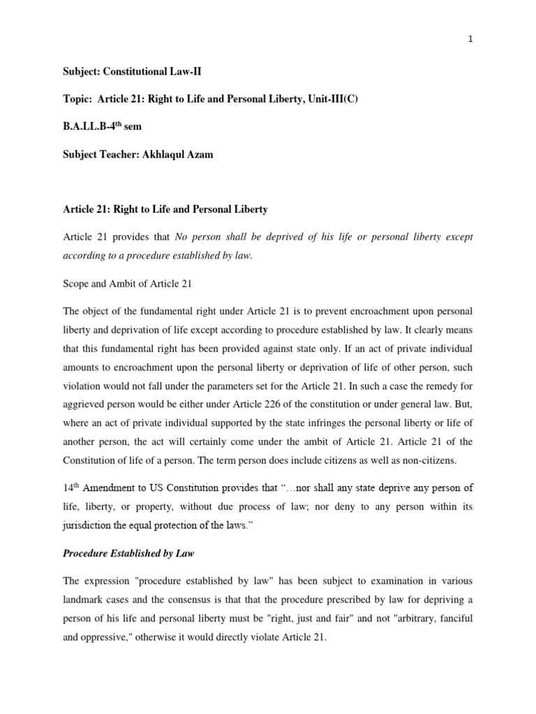 What Is The Scope Of Right To Life And Personal Liberty Under Article 21