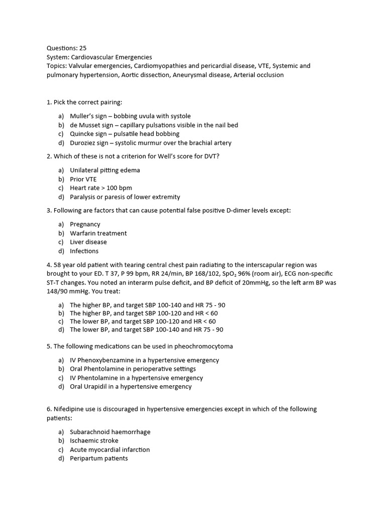 Cardiovascular Emergencies Quiz: 25 Questions | PDF | Blood Pressure ...