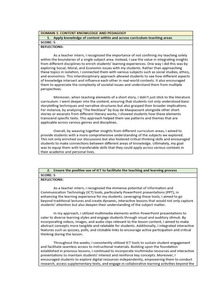 Sellon REFLECTIONS ON PPST DOMAINS | PDF | Educational Assessment ...