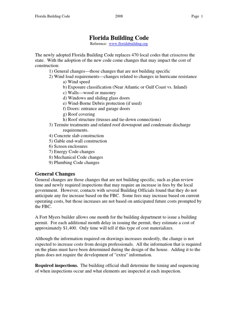 Florida Building Code General Changes PDF Framing (Construction