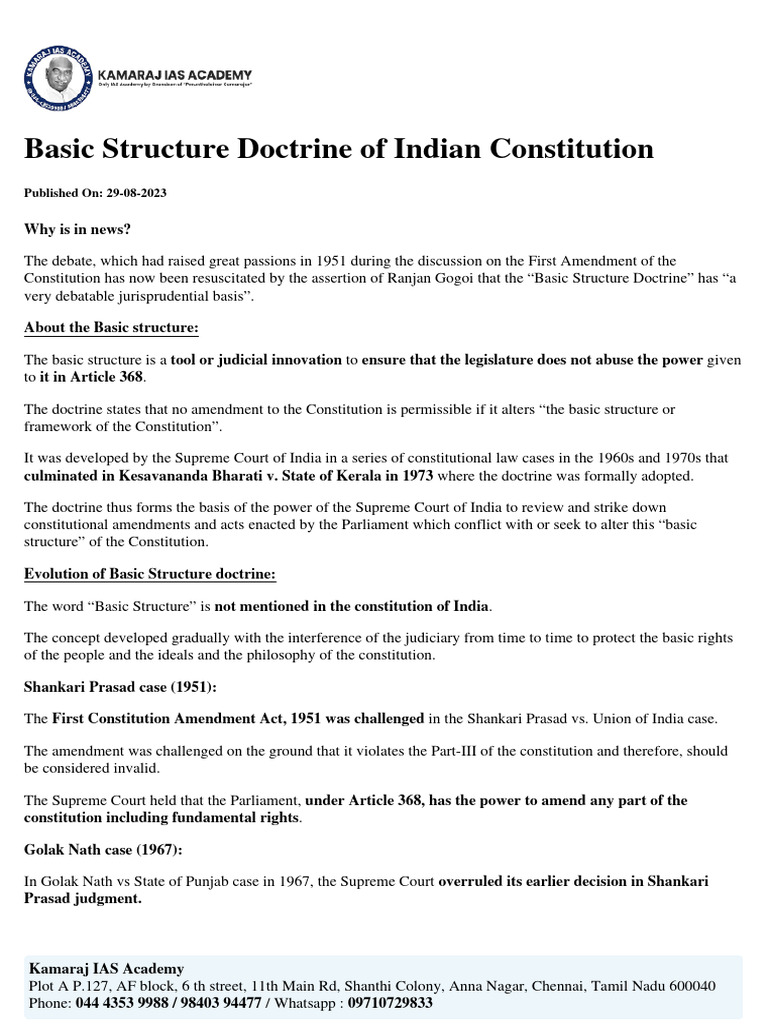 Evolution of India's Basic Structure Doctrine | PDF | Separation Of ...