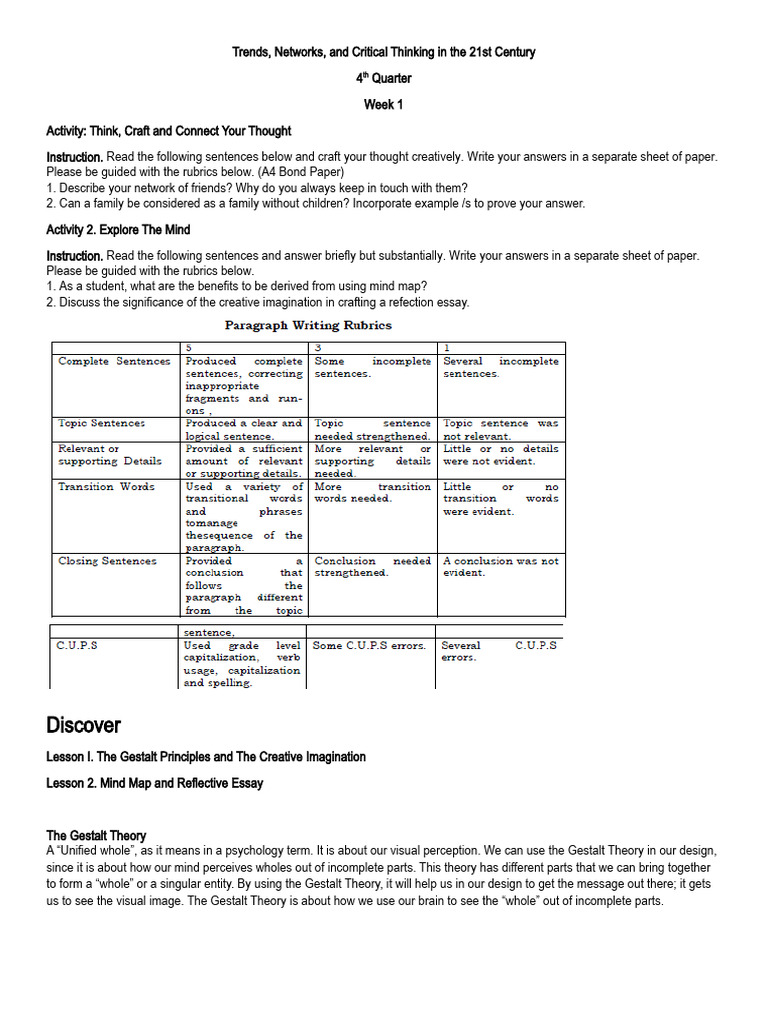 First Week Trends and Networks Modular Activity | PDF | Mind | Imagination