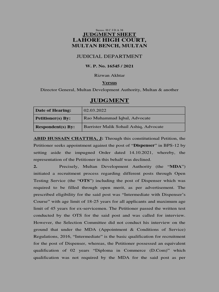 Lahore High Court,: Judgment | PDF | Advocate | Judiciaries