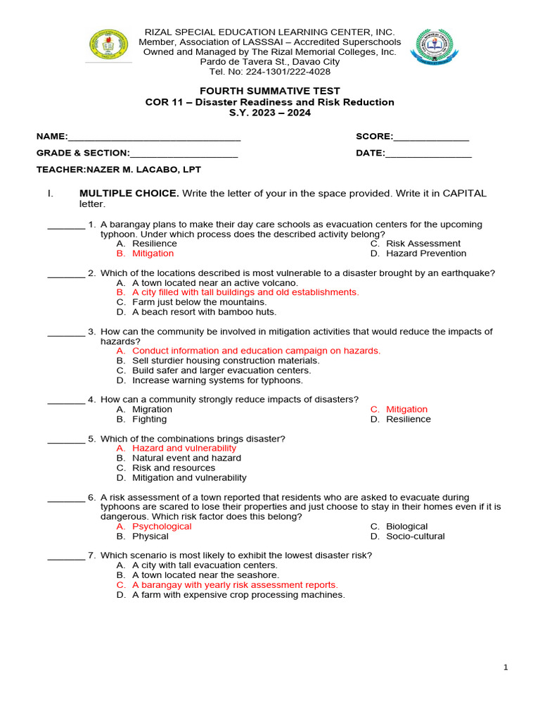 Cor 11 4TH Summative Test | PDF | Natural Disasters | Hazards