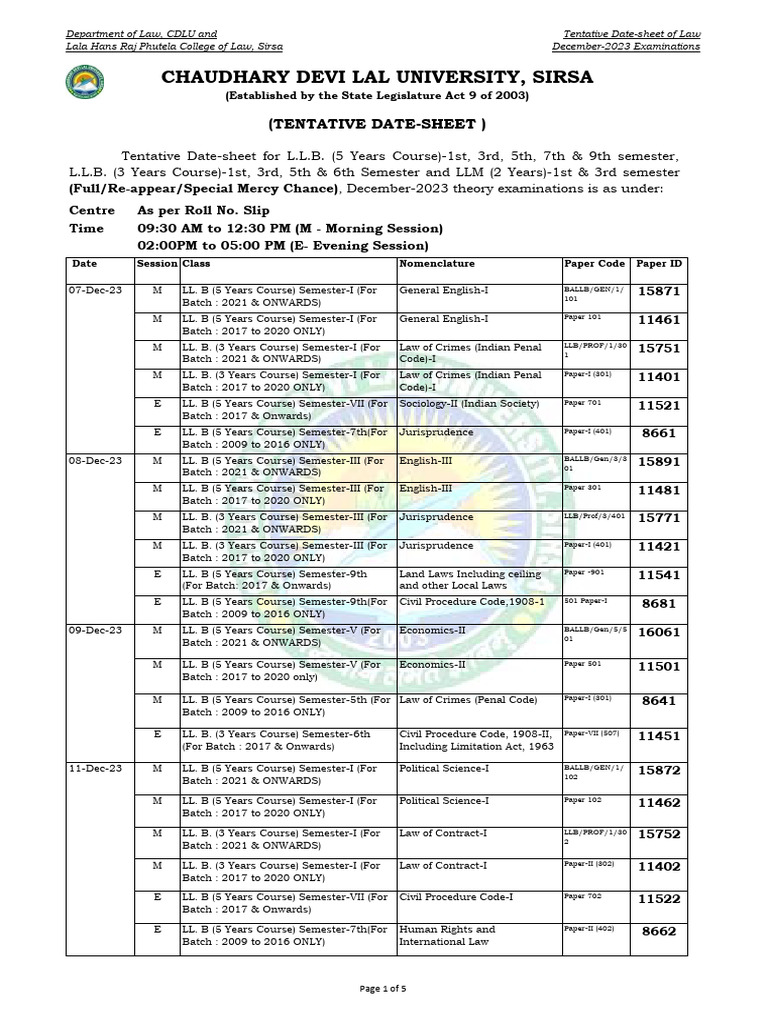 CDLU Law Exam Date Sheet Dec 2023 | PDF | Justice | Crime & Violence