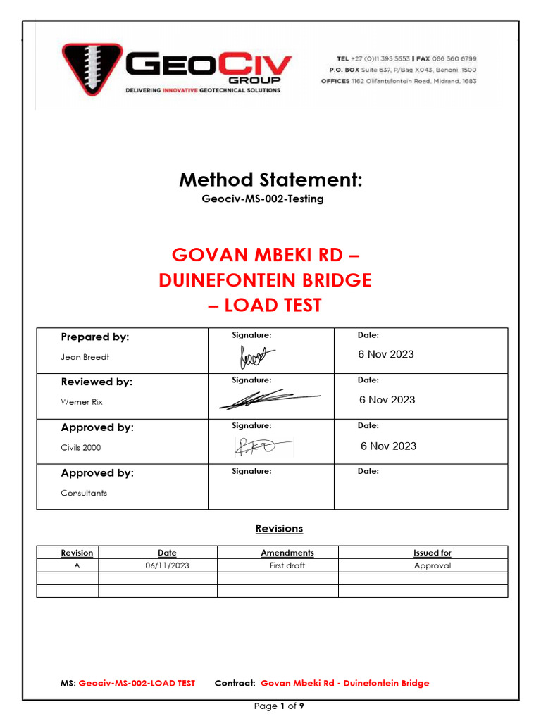 Govan Mbeki Rd Load Test Method Statement | PDF | Deep Foundation ...