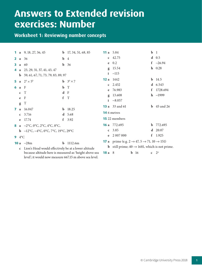 Answers To Extended Revision Exercises: Number: Worksheet 1: Reviewing ...