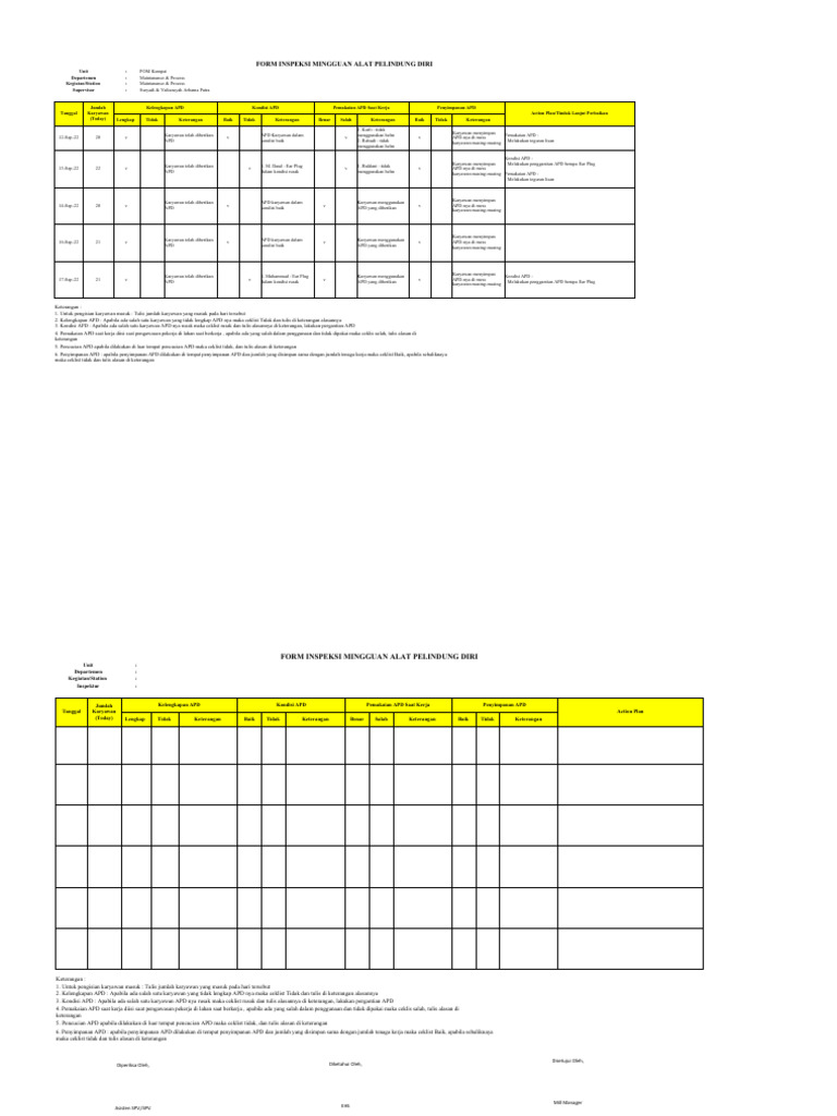 Form Inspeksi Pemakaian APD (Weekly) Terbaru | PDF
