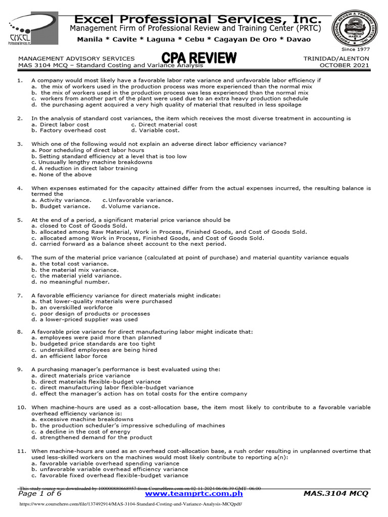 MAS 3104 Standard Costing and Variance Analysis MCQ Download Free PDF