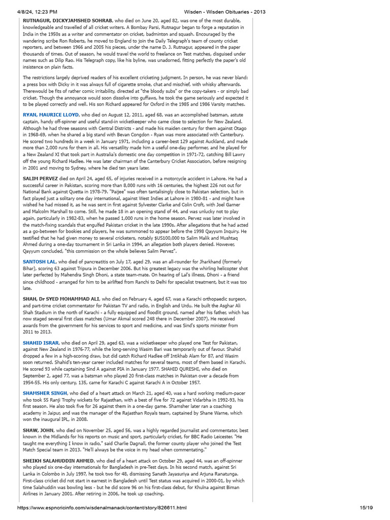 Cricket Obituaries 2013 Notable Figures PDF Cricket Sports