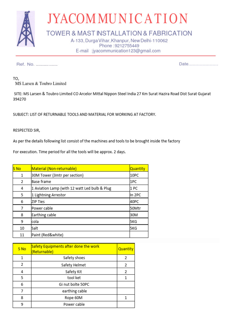 Factory Tool & Material List | PDF