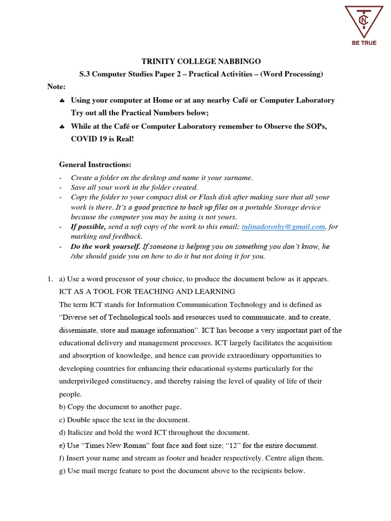 S 3 computer studies word processing practical activities 7th july 2021