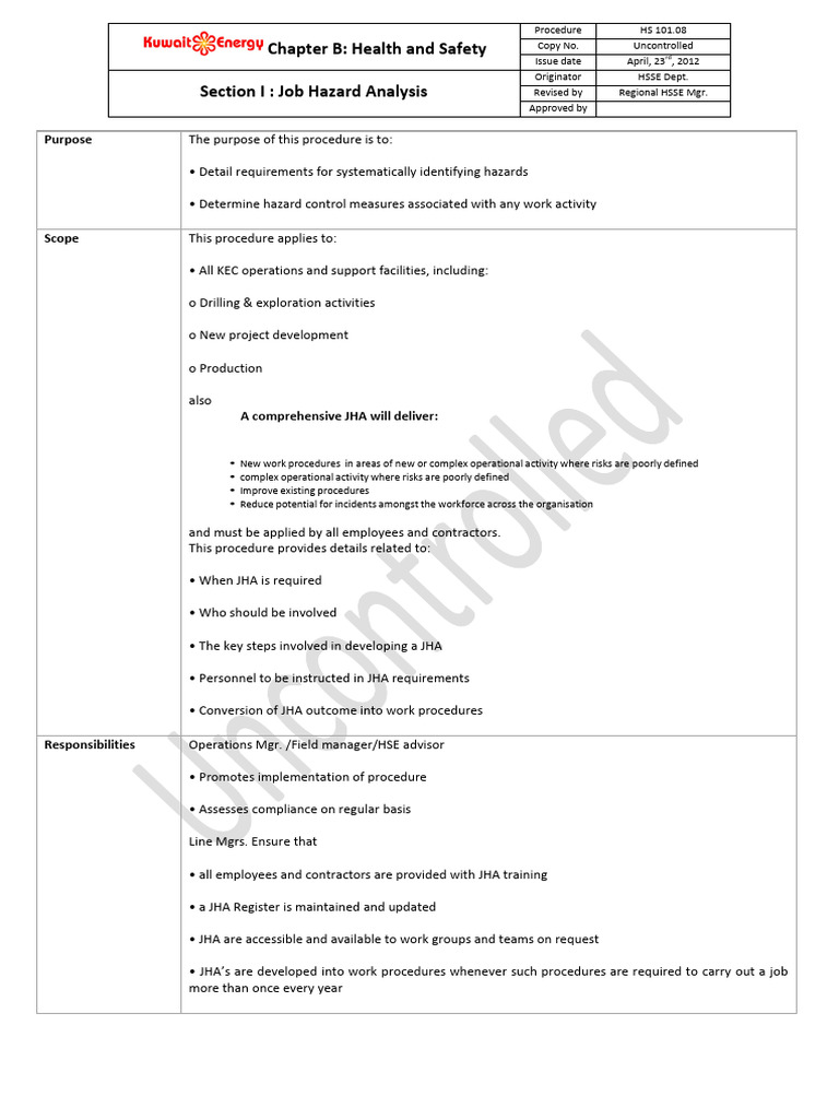 Job Hazard Analysis Procedure Guide | PDF | Personal Protective ...