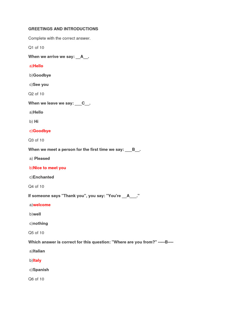 Greetings and Introductions Quiz | PDF